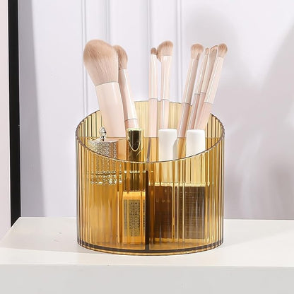 DASITON 3 Slots Makeup Brush Holder, Acrylic Makeup Brush Cup, Vintage Striped Make Up Brush Holder for Vanity Decor, Bathroom Countertops, Desk Storage Container, Cosmetic Display Cases (Yellow)
