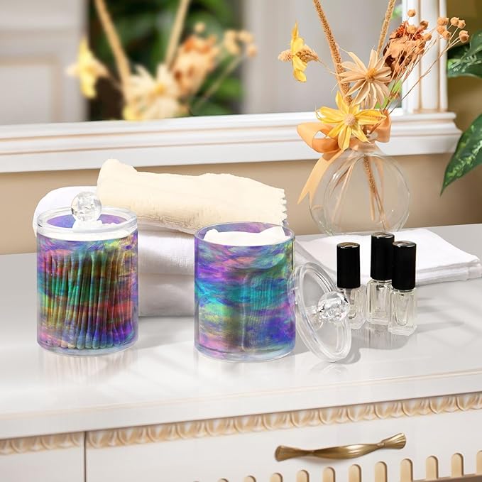Iridescent Qtip Holder Dispenser 2 PCS Plastic Bathroom Canister Apothecary Jars with Lid 14 oz Vanity Makeup Storage Organizer for Cotton Swabs, Balls, Pads, Floss