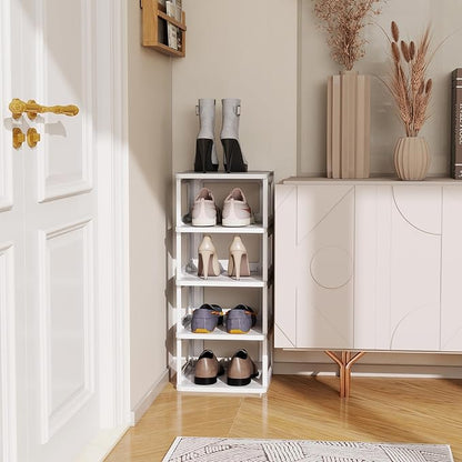 SEE SPRING 5-Tier Stackable Shoe Rack Organizer – Plastic Shoe Storage Shelf for Entryway, Closet, Bedroom – Holds Size 13 Shoes, Space-Saving & Sturdy (White)