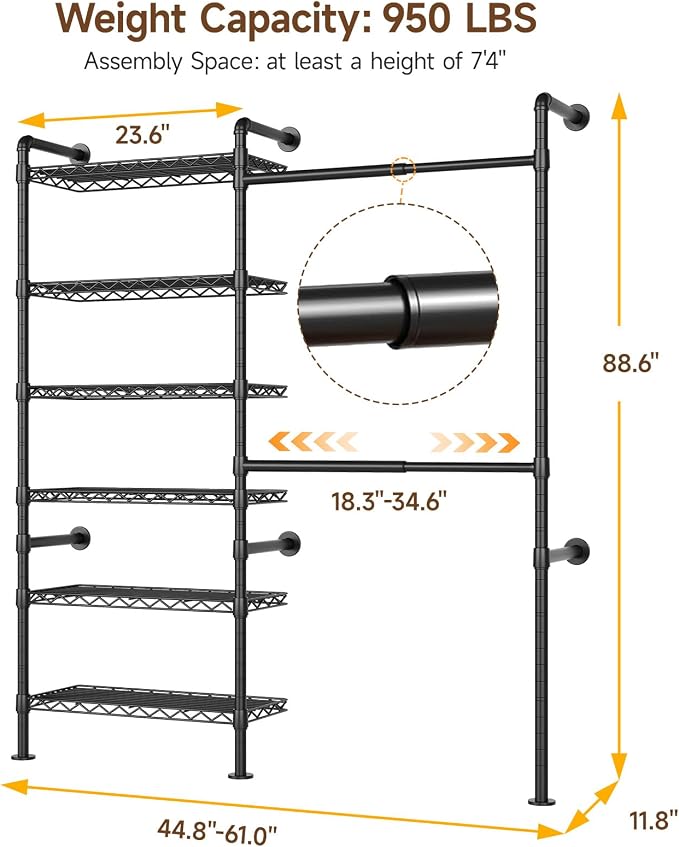 ONBRILL H2 Wall Mounted Clothing Rack, Expandable Industrial Pipe Clothes Rack Garment Racks for Hanging Clothes, Heavy Duty Closet Organizers and Storage in Closet System, Black