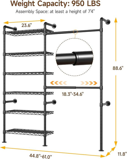 ONBRILL H2 Wall Mounted Clothing Rack, Expandable Industrial Pipe Clothes Rack Garment Racks for Hanging Clothes, Heavy Duty Closet Organizers and Storage in Closet System, Black