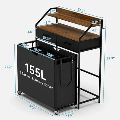 Laundry Sorter with 3 Section Pull Out Bags Rolling Laundry Basket Organizer with 2 Drawers Laundry Hamper with Shelves and Wheels for Laundry Room, Bathroom, Bedroom Organization(2 Tier)