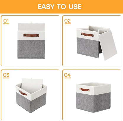 DULLEMELO 11x11 Storage Cubes, Collapsible Sturdy Cube Storage Bins With Handles for Organizing,Fabric Storage Cubes Baskets for Shelves Nursery Closet Home Organization and Storage (White&Grey)