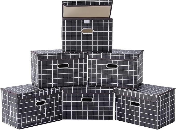 STOREONE Fabric Storage Cube Bins Foldable Organizer Container Collapsible Basket with Lids and Metal Handles, for Home, Bedroom, Closet 6 Pcs (Black grid)