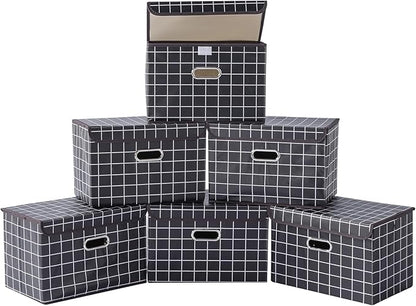 STOREONE Fabric Storage Cube Bins Foldable Organizer Container Collapsible Basket with Lids and Metal Handles, for Home, Bedroom, Closet 6 Pcs (Black grid)