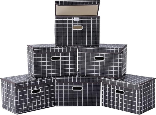 STOREONE Fabric Storage Cube Bins Foldable Organizer Container Collapsible Basket with Lids and Metal Handles, for Home, Bedroom, Closet 6 Pcs (Black grid)