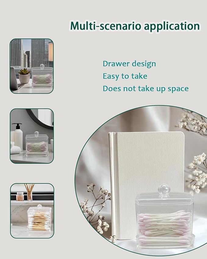 Cotton Swab Holder with Lid - Clear Plastic Bathroom Vanity Organizer, Shatterproof U-Slot Cotton Swab Dispenser Canister, Dustproof Countertop Container for Cotton Swabs & Apothecary Storage