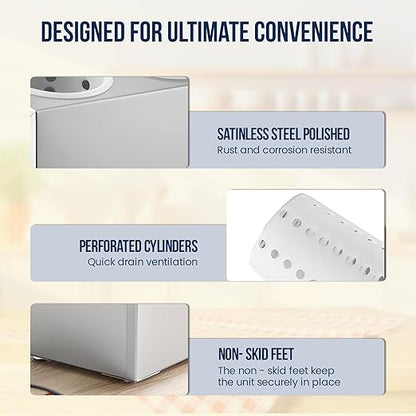 OCS Parts 3-Compartment Silverware Display Holder | White Cylinders | Stainless Steel Kitchen Caddy Utensil Holder with Perforated Cylinders for Home Kitchens, Restaurants, and Buffets