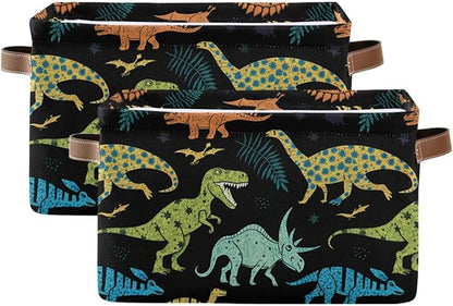 Dinosaur Pattern Storage Basket Bin, Large Cube Storage Box Canvas Collapsible Storage Organizer for Home Office Closet - 15 L x 11 W x 9.5 H
