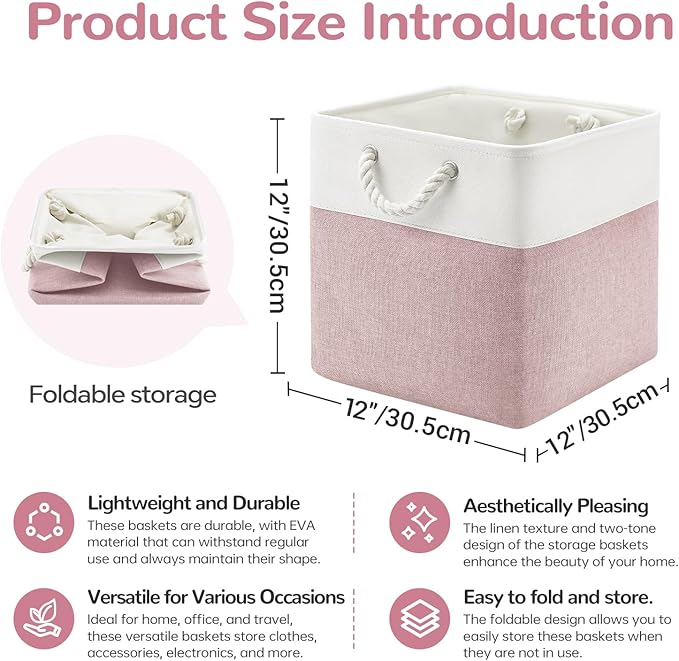 12 x 12 Inch Cube Storage Bins, 4 Pack Fabric Storage Basket with Handles, Foldable Boxes Organizer for Shelf Baskets for Home, Clothes (White/Pink)