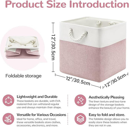 12 x 12 Inch Cube Storage Bins, 4 Pack Fabric Storage Basket with Handles, Foldable Boxes Organizer for Shelf Baskets for Home, Clothes (White/Pink)