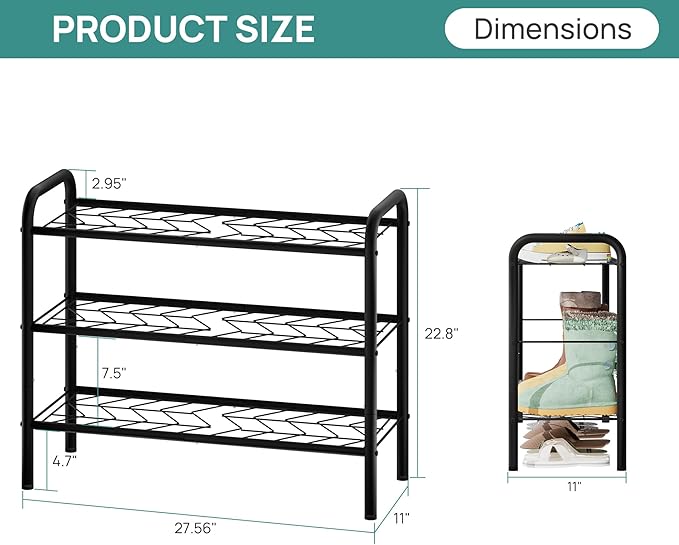 viewcare Shoe Rack for Closet, 3-Tier Small Shoe Rack for Entryway & Garage, Sturdy Metal Construction, Shoe Organizer Holds 6-9 Pairs