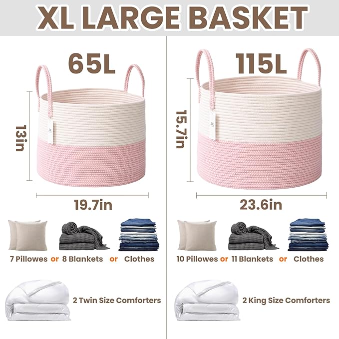 JMvicyroam 115L Extra Large Blanket Basket for Living Room - Woven Cotton Rope Laundry Hamper with Reinforced Handles - Storage Bin for Pillows, Comforters & Toys - Machine Washable,White&Pink
