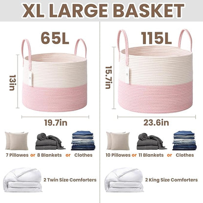 JMvicyroam 65L Extra Large Blanket Basket for Living Room - Woven Cotton Rope Laundry Hamper with Reinforced Handles - Storage Bin for Pillows, Comforters & Toys - Machine Washable,White&Pink