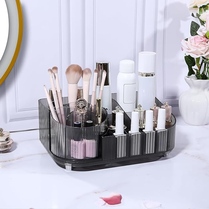 DASITON Large Capacity Makeup Organizer with 360° Rotating Makeup Brush Holder, Multi-Compartment Skincare and Cosmetic Storage for Vanity, Bathroom Countertop, Dresser, Desktop Storage Box (Gray)