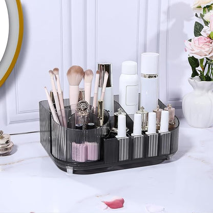 DASITON Large Capacity Makeup Organizer with 360° Rotating Makeup Brush Holder, Multi-Compartment Skincare and Cosmetic Storage for Vanity, Bathroom Countertop, Dresser, Desktop Storage Box (Gray)