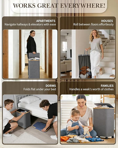 Laundry Hamper with Wheels, 75L Large Clothes Hamper with Removable Inner Bag, Collapsible Dirty Clothes Basket for Dorm, Rolling Dirty Clothes Basket for, Bedroom, Bathroom, Laundry Room