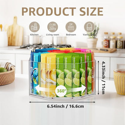 Divided Drink Packet Organizer, Octagonal 5 Compartment Clear Lazy Susan Turntable, Rotating Storage Organizer for Powdered Drink Mix, Water Flavor Packets, Coffee, Tea, Spices
