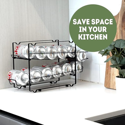 DINEST 2-Pack Stackable Soda Can Organizer - Rust Resistant Rack Dispenser for 24 Cans - Easy Assembly, Great Storage for Refrigerator, Pantry, and Cabinets in Sleek Black Design