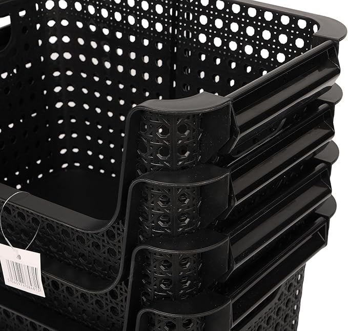 TidyFriend 4 Pk Large Stackable Storage Bins Open Front for Pantry Organizers and Storage, Pantry Storage for Food, Kitchen and Home Organization, Plastic Storage Bins, Dorm Room Essentials (Black)