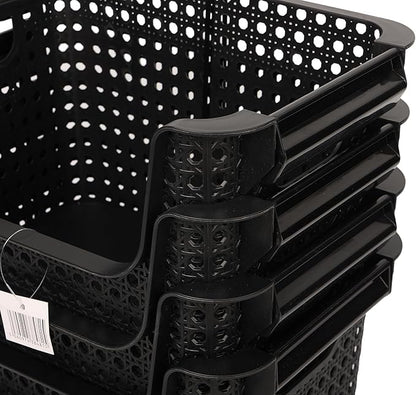 TidyFriend 4 Pk Large Stackable Storage Bins Open Front for Pantry Organizers and Storage, Pantry Storage for Food, Kitchen and Home Organization, Plastic Storage Bins, Dorm Room Essentials (Black)