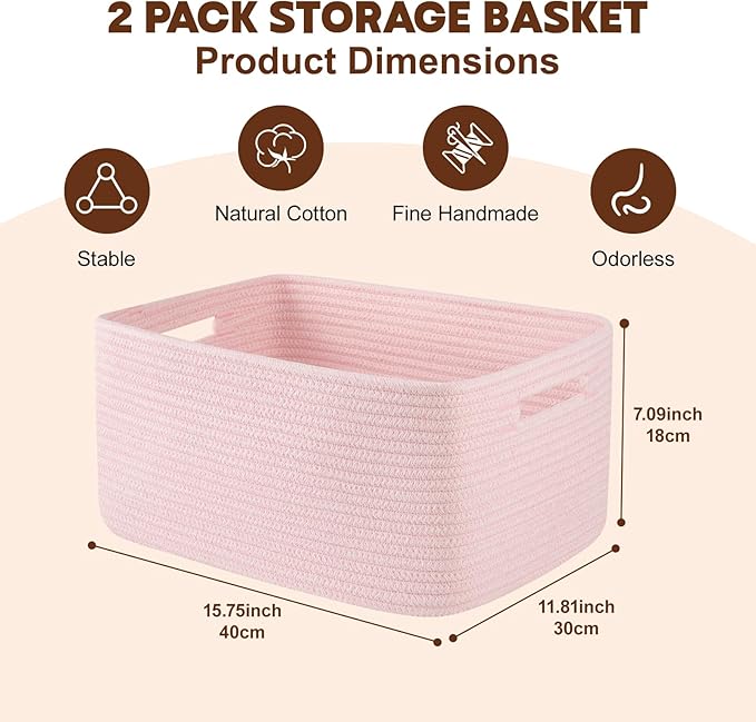 OIAHOMY Storage Basket for Shelves, Closet Cube Storage Bins Baskets for Clothes Blanket Towels, Baby Nursery, Toy Baskets Box, Woven Rope Basket, 15.75 * 11.81 * 7.09 IN, 2 Packs Mixed Pink