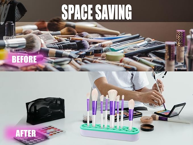 2Pcs Silicone Makeup Brush Holders Green Purple Stand Makeup Brush Organizers Make Up Brushes Storage for Painting Pen Brushes Nail Clippers Drill Pens Ruler Sewing Craft Tools