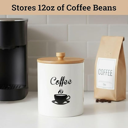Ceramic Coffee Canister - 12 oz White Airtight Canister - 5 x 6 inch Coffee Bean Storage Container - Stylish Countertop Container for Grounds, Beans, Pods & More with Rubber-Lined Bamboo Lid