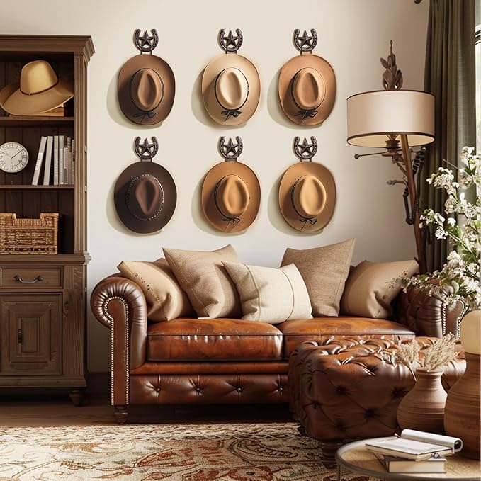 Cowboy Hat Rack Wall Mount 6 Pack Cowboy Hat Holder for Wall Western Hat Rack Horseshoe Hat Hanger Metal Iron Display and Storage for Entryway Closet Bedroom Living Room Western Gift Antique Bronze