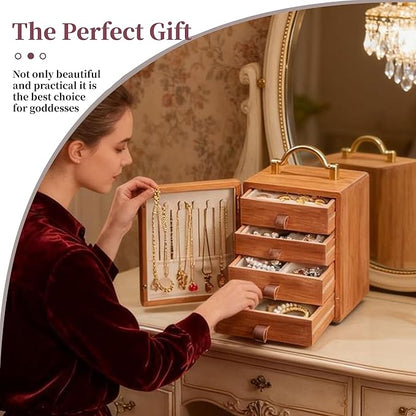 Wooden Jewelry Box for Women Walnut Wooden Jewelry Box with handle 4-Tier Jewelry Organizer for Rings, Necklaces