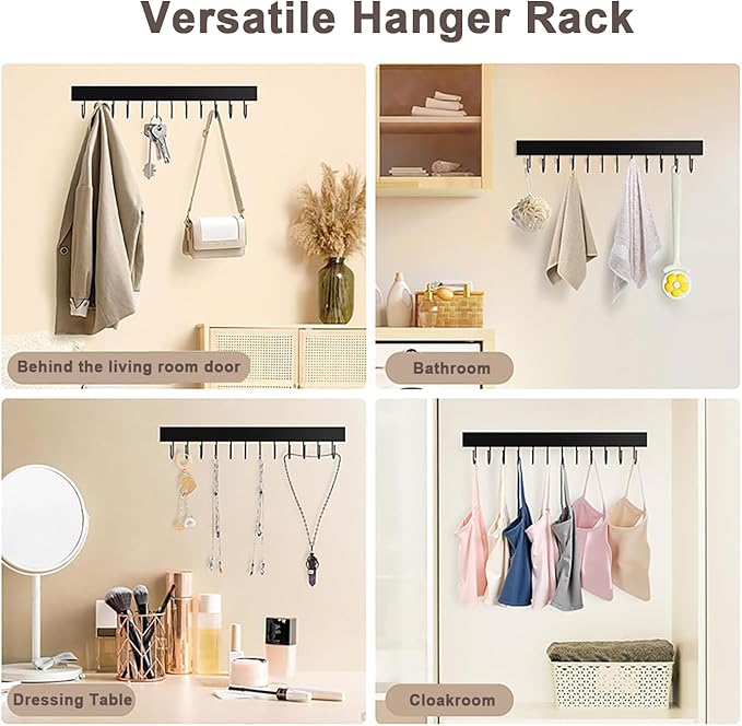 Belt Hanger Wall Mount 2 Pack, Wooden Closet Belt Organizer with 24 Swivel Metal Hooks, Adhesive or Drill Installation, Space Saving Rack for Belts, Ties, Scarves, Camisoles, Tank Tops, Black