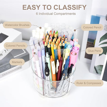 SAYEEC Pen Holder for Desk 6 Slots Rotating Makeup Brush Organizer Toothbrush Holder Versatile Desk Skincare Cosmetic Organizer Pencil Cup Pot Art Supply Caddy for Office Vanity Bathroom, Clear Silver