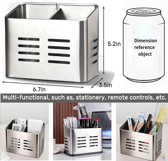 Stainless Steel Kitchen Utensil Holder for countertop, 2 Compartment Caddy & Organizer for Drying Cooking Spoons Utility Sturdy Home Kitchen Daily Use Utensil Drainer (Silver)