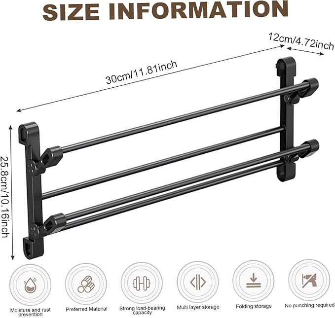 Wall Shoe Rack, 2-Tier Wall Mounted Shoe Rack 12 Inch, Foldable Galvanized Steel with Adhesive Hanger for Slippers, Sneakers, Hallway, Bathroom Storage Organizer, Holder for