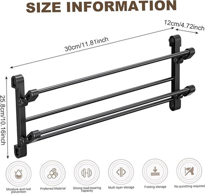 Wall Shoe Rack, 2-Tier Wall Mounted Shoe Rack 12 Inch, Foldable Galvanized Steel with Adhesive Hanger for Slippers, Sneakers, Hallway, Bathroom Storage Organizer, Holder for
