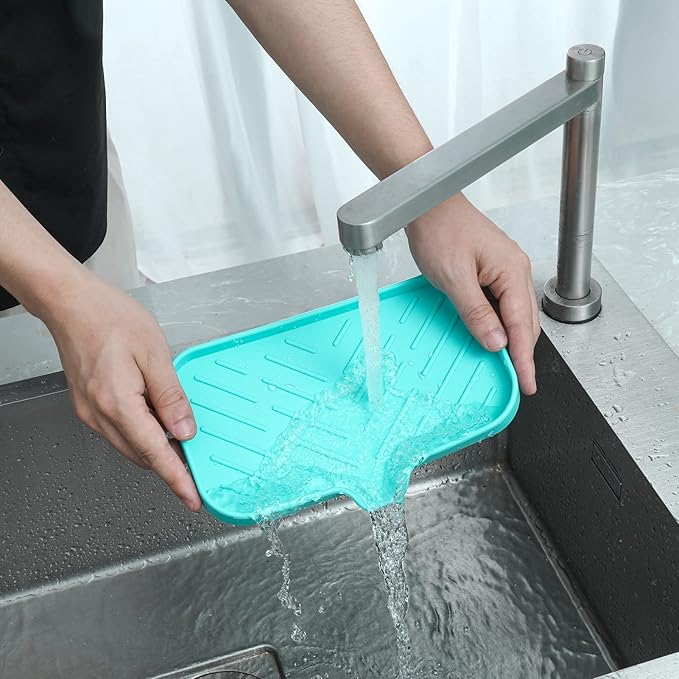 MicoYang Silicone Bathroom Soap Dishes with Drain Spout-Bathroom and Kitchen Sink Organizer,Sponge Holder,Dish Soap Tray,Perfect for Dispenser,Scrubber,Bottle,Cup on Sink or Counter-Mint 9.6"×5.3"