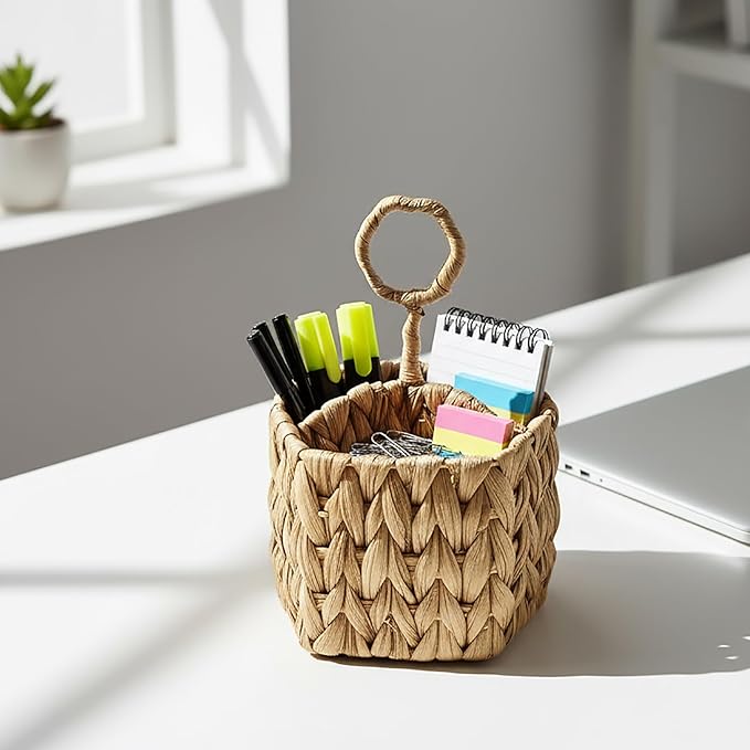 Hiceeden 2 Pack Woven Silverware Caddy with Handle, Natural Water Hyacinth Flatware Holder Organizer with 3 Compartments, Wicker Utensil Basket Cutlery for Kitchen Countertop, Picnic, Party, Hexagon