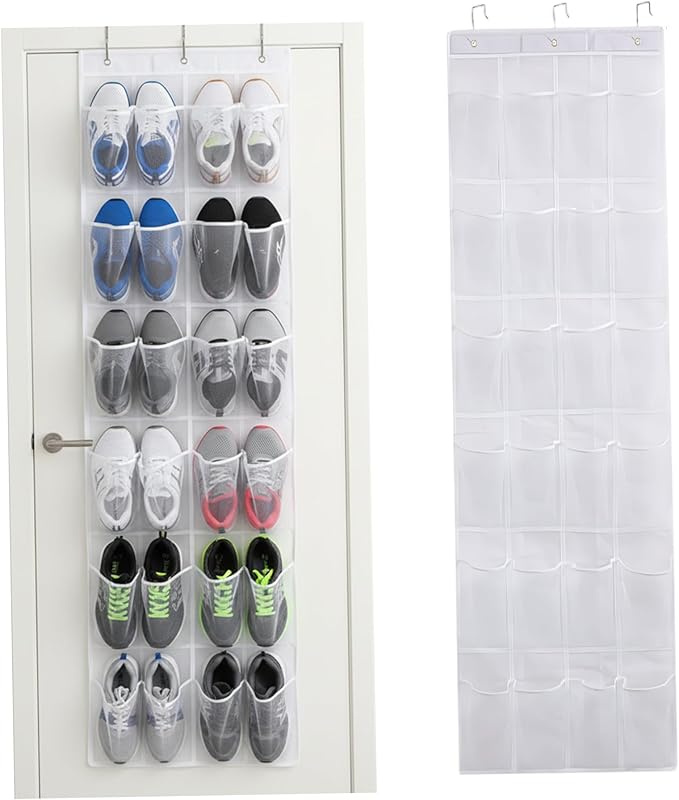 Shoe Rack for Door, Shoe Hanger for Door 24 Mesh Pocket Over The Organizer Space Saving Hanging Storage Holder with Hooks 64x19 Inch White, Hanging Organizer