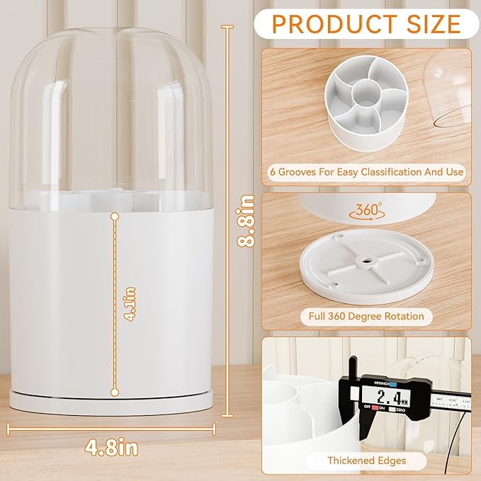 Yieach Rotating Acrylic Makeup Brush Holder with Lid for Vanity,Bathroom,Countertop,Covered Makeup Brushes Organizer,Round Spinning Cosmetic Brushes Holder and Make up Brush Storage with Cover,White