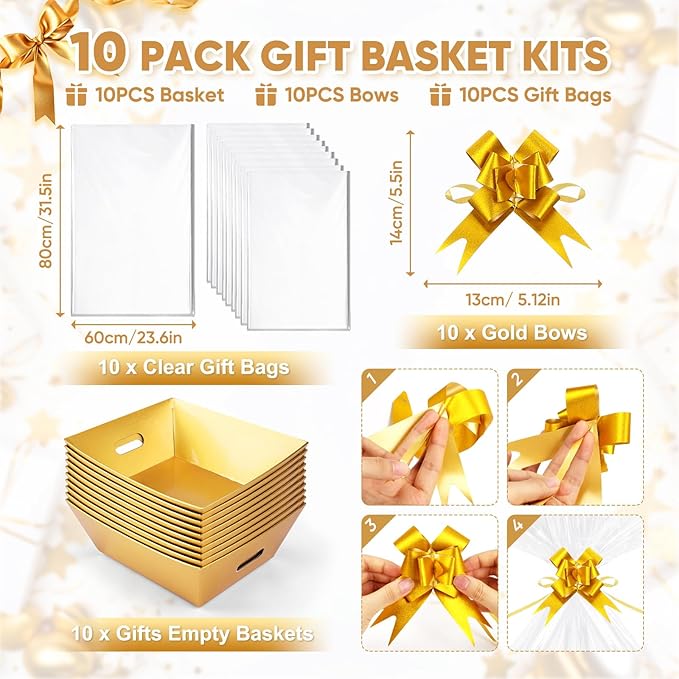 AFOROEOA 10PACK Gold Baskets For Gifts Empty, 10x12” Thick Gift Basket with 10 Bows 10 Bags Empty Gift Baskets for Christmas, Valentine’s Day, Easter, Birthdays, Valentine’s Day Wrapping Gift