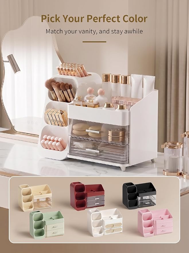 Booklov Makeup Organizer for Vanity, Large Capacity Cosmetic Display Case with Clear Acrylic Drawer, Countertop Beauty Storage Holder for Skincare, Brush Eyeshadow Lipstick Counter Desk, Crystal White