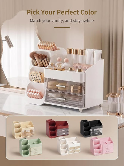 Booklov Makeup Organizer for Vanity, Large Capacity Cosmetic Display Case with Clear Acrylic Drawer, Countertop Beauty Storage Holder for Skincare, Brush Eyeshadow Lipstick Counter Desk, Crystal White