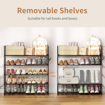 Metal Shoe Organizer,5 Tiers Shoe Storage Shoe Rack with Hooks,Fit 20-25 Pairs,Adjustable Shoe Shelf for Entryway,Hallway,Bedroom,Metal Bottom Support