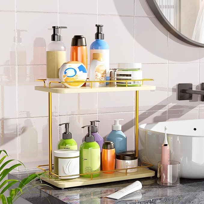 REFGY 2 Tier Bathroom Countertop Organizer, Solid Wood Desktop Storage Shelf with Gold Metal Frame, Versatile Spice Rack & Makeup Organizer for Kitchen, Dresser, Home Essentials