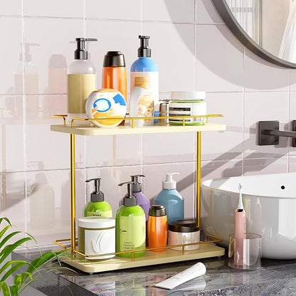 REFGY 2 Tier Bathroom Countertop Organizer, Solid Wood Desktop Storage Shelf with Gold Metal Frame, Versatile Spice Rack & Makeup Organizer for Kitchen, Dresser, Home Essentials