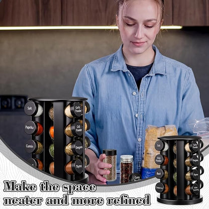 Yungyan Black Rotating Spice Rack Seasoning Organizer with 16 Empty Jars, Spice Containers Set with Labels and Funnel, Revolving Seasoning Rack for Kitchen Accessories (Stainless Steel,Glass)