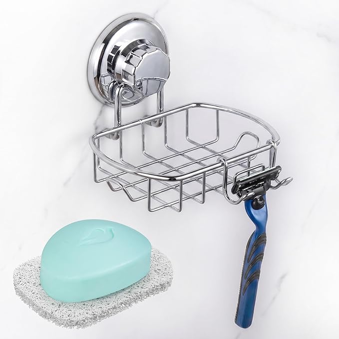 HASKO Suction Soap Dish with Hooks | Powerful Vacuum Suction Cup Soap Holder | Soap Basket Holder for Bathroom & Kitchen (Polished Stainless Steel SS304)