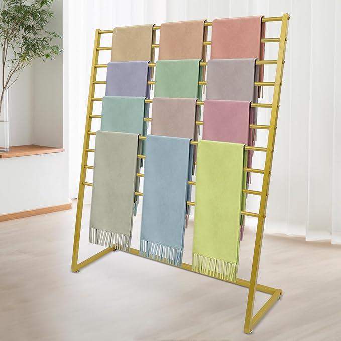 Scarf Display Stand, 10 Tier Metal Scarf Holder Organizer, Scarf Hanger Scarf Holder Scarf Organizer Belt Organizer Pants Rack Scarf Rack for Commercial Clothing Retail Store (Gold, 120cm)
