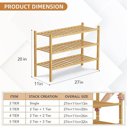 3 Tier Bamboo Shoe Rack Storage Organizer for Closet, Multifunctional Stackable Free Standing Shoe Shelf Organizer for Small Space,Entryway,Hallway,Bathroom 27"x11"x20" (Natural, 3 Tier)