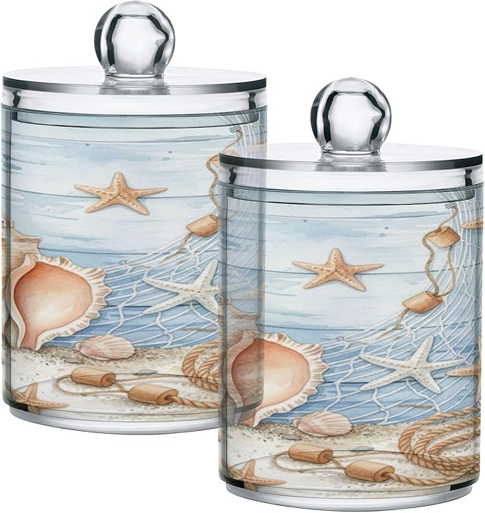 ALAZA 2pcs Starfish Seashell Tropical Beach Qtip Holder Dispenser 14 oz Bathroom Storage Clear Apothecary Jars Containers Cotton Ball,Cotton Rounds,Floss Picks, Hair Clips, Food